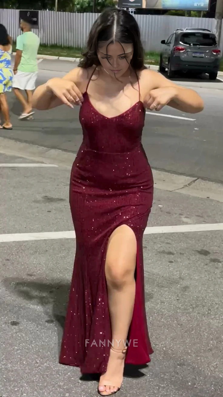 Sheath Spaghetti Straps Shiny Burgundy Long formal dresses Bridesmaid Dresses evening gown Prom Dress