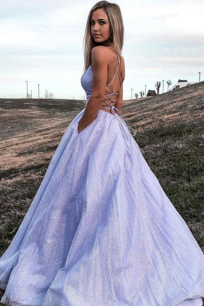 A Line V Neck Tulle Shiny Lavender Prom Formal Dress With Pocket