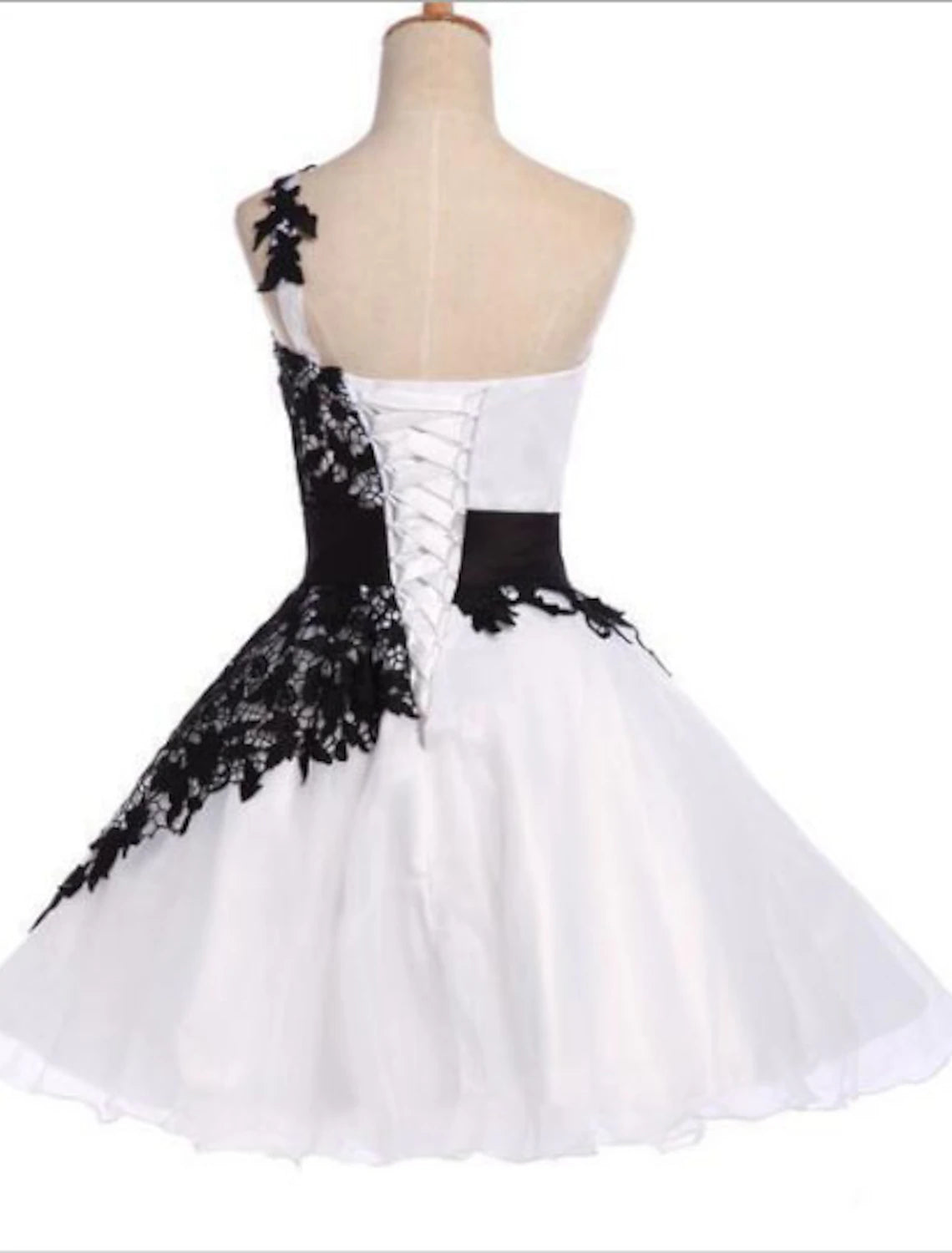 Vestido de fiesta blanco con bloques de color, corte A, de cóctel, un hombro, sin mangas, corto/mini de gasa con apliques