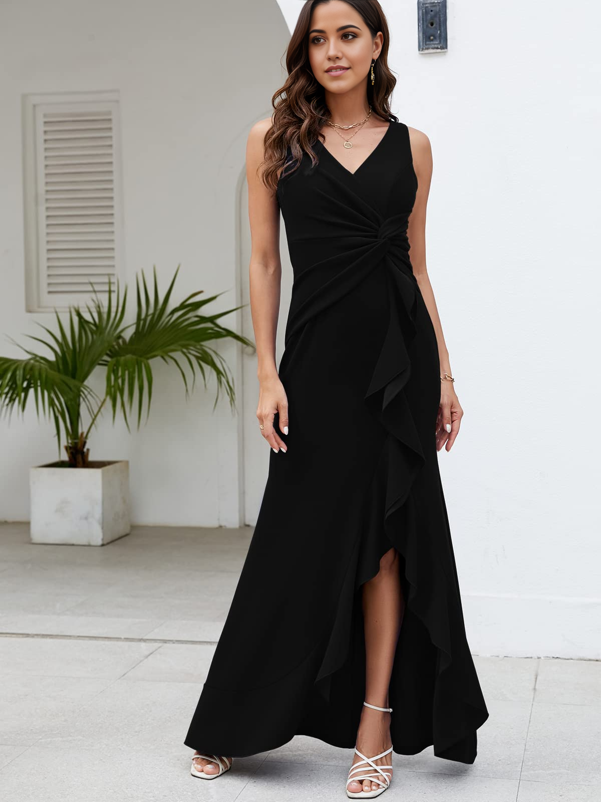 Elegant Long Sexy V Neck Sleeveless Split Wrap evening gown formal dress Prom Dresses