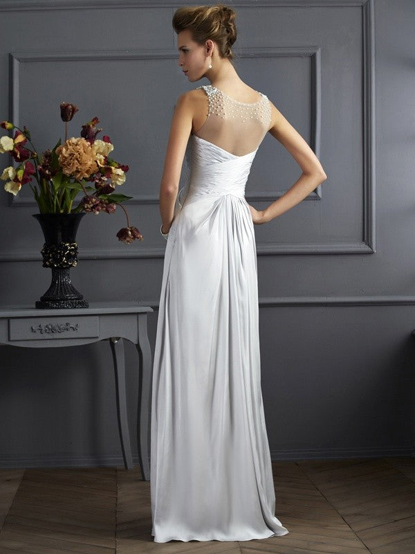 A-Line Silk like Satin Straps Sleeveless Floor-Length With Beading Dresses