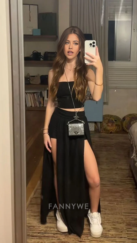 Zwei Stücke Etuikleid Trägerlos Sexy Schwarz Lange Abendkleider Brautjungfernkleider Abendkleid Ballkleid 