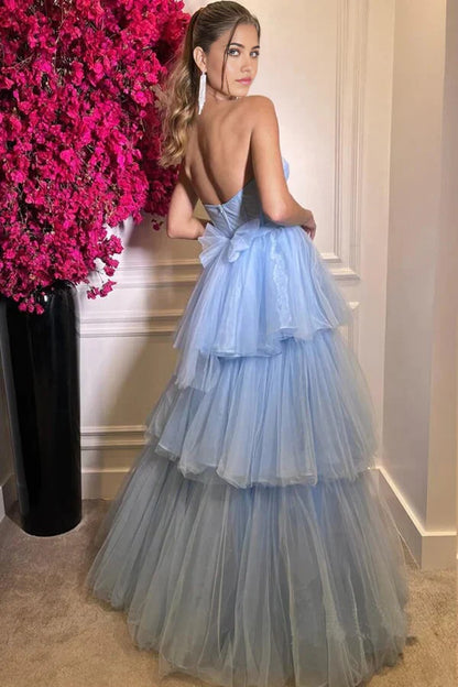 A-line Beautiful Tiered Tulle Floor Length Sweetheart Prom Dresses