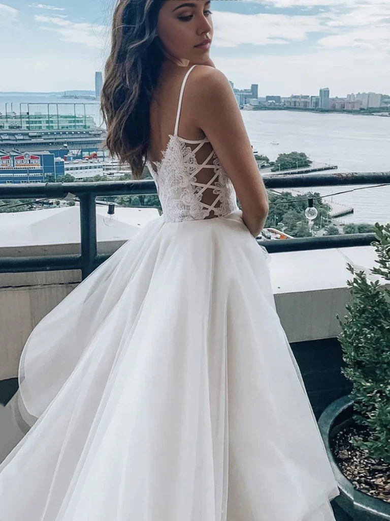 A-line V Neck White Lace Prom Dresses Wedding Dresses Bridal Dresses