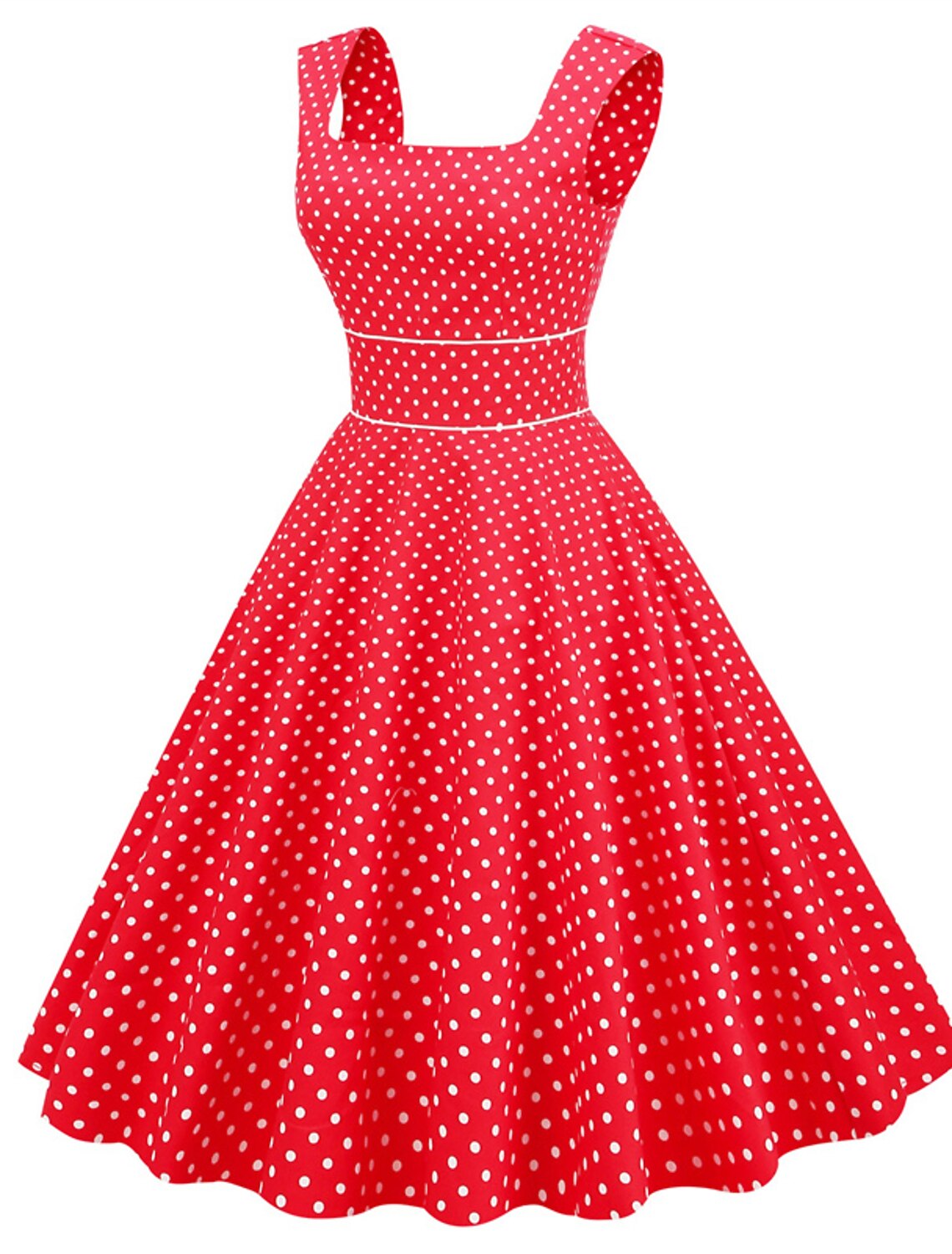 Vestido de fiesta de corte A, estilo vintage, largo hasta la rodilla, sin mangas, escote cuadrado, licra, con pliegues