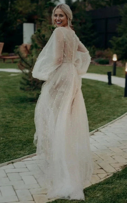 Vestidos de novia de tul con ilusión, corte A, sencillos, modestos, de manga larga