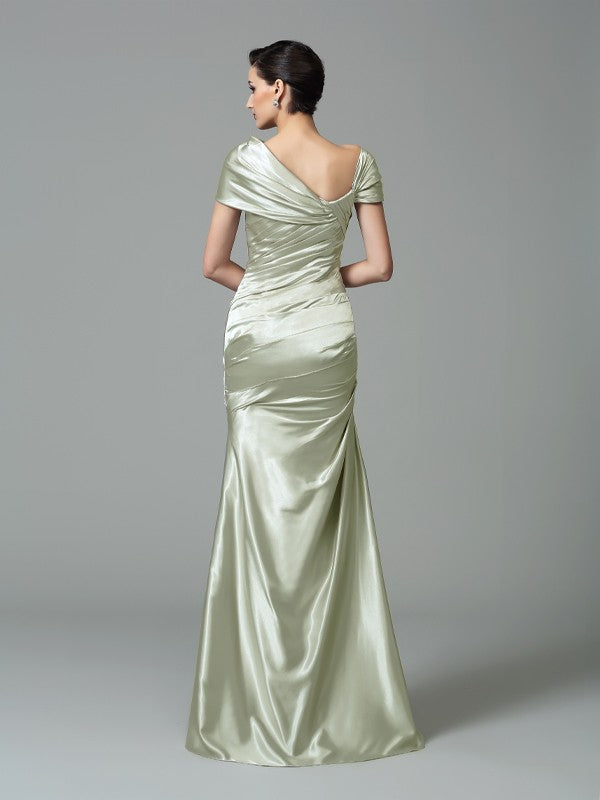 Sheath Silk like Satin Off-the-Shoulder Sleeveless Floor-Length With Pleats Dresses