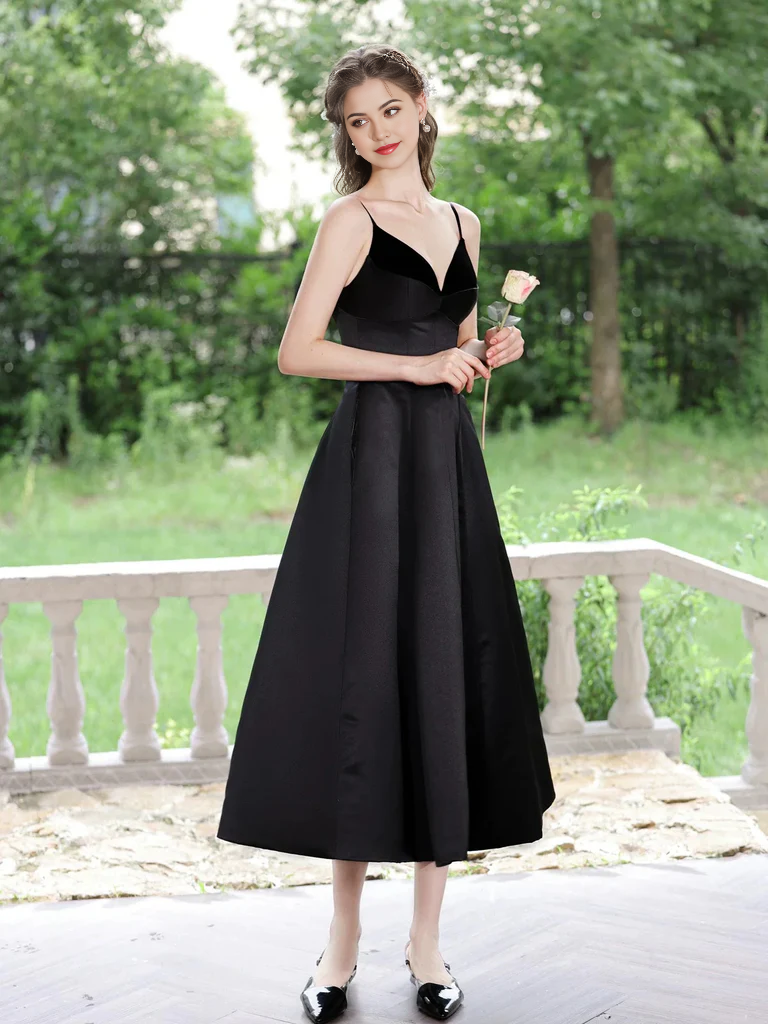 A Line V Neck Tea Length Satin Black Prom Dresses Formal Evening Homecoming Dresses