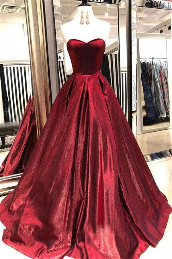 A Line Sweetheart Strapless Satin Burgundy Simple Party Dress Prom Dresses