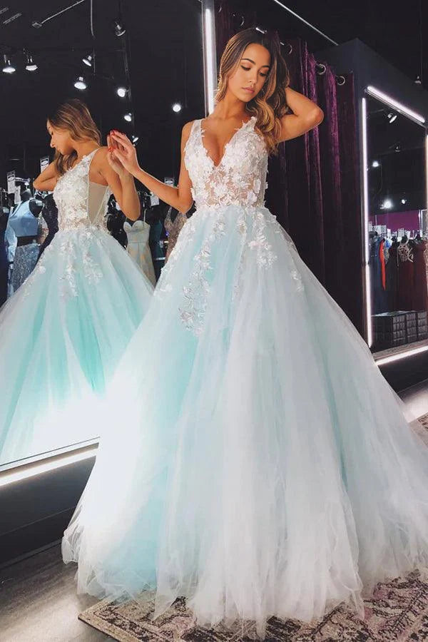 A-Linie V-Ausschnitt Tüll Spitze Blumen Langes Ballkleid Abendkleid