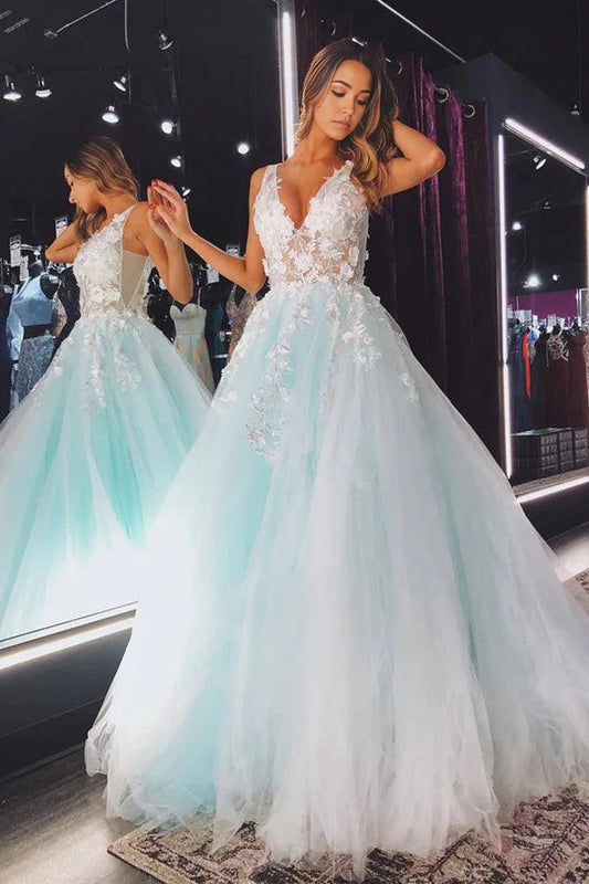 A-Linie V-Ausschnitt Tüll Spitze Blumen Langes Ballkleid Abendkleid