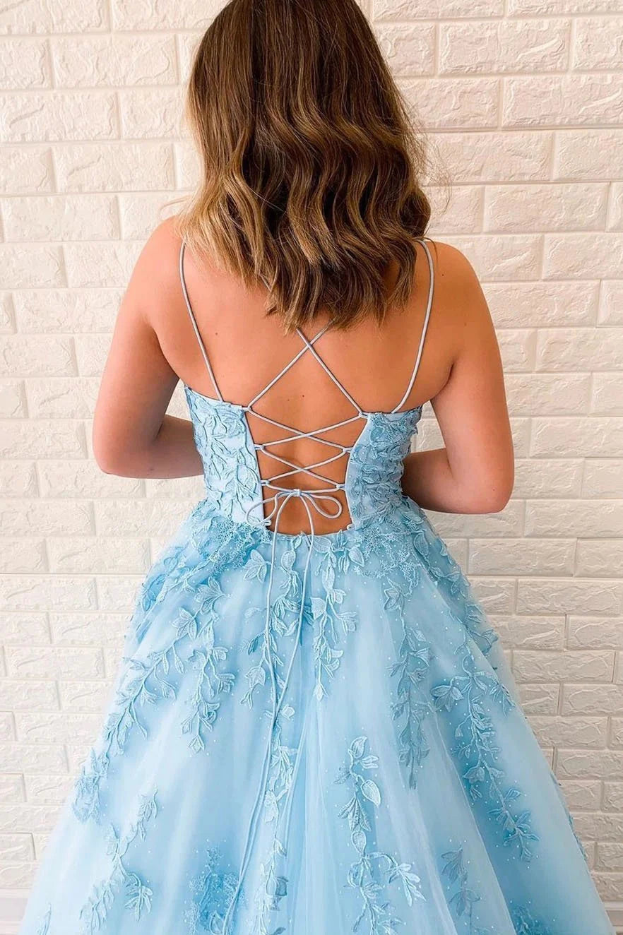 A-Line Tulle Appliques Beads Scoop Sky Blue formal dresses evening gown Prom Dresses with Lace
