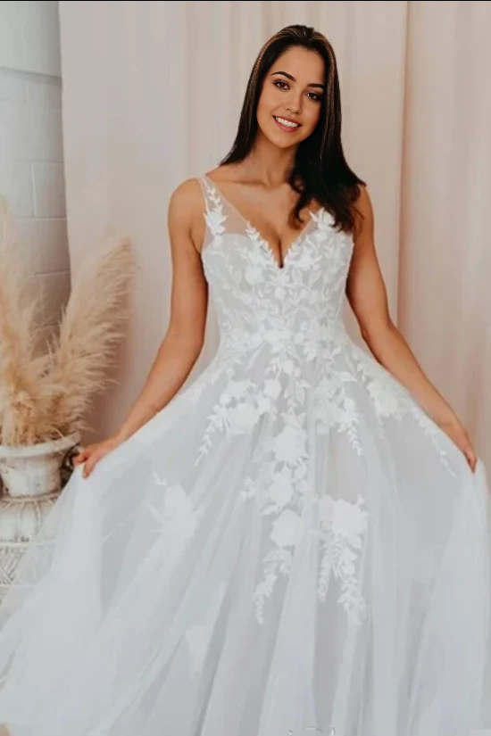 A-line V Neckline Backless Appliqued Ball Gown Bridal Wedding Dress