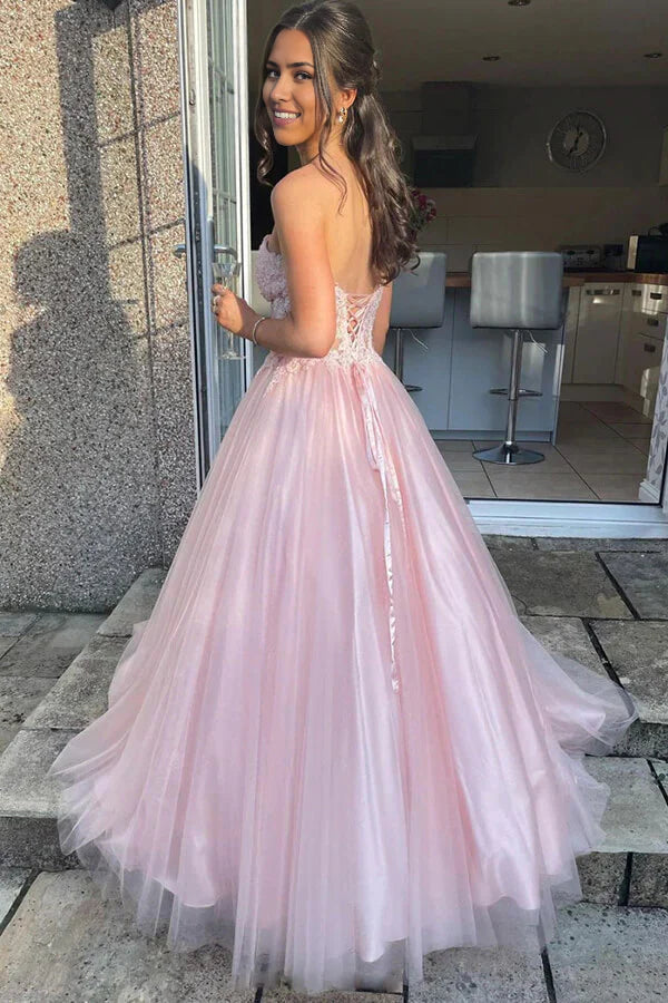 A-line Tulle Lace Sweetheart Prom Dresses Long Formal Dresses
