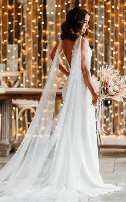 Simple Trumpet V-neck Sleeveless Wedding Dress for Women Floor-length with V Back Long Train