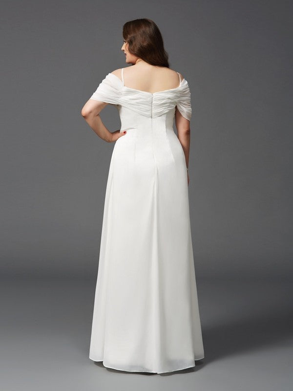 A-Line Chiffon Off-the-Shoulder Short Sleeves Floor-Length With Ruched Plus Size Dresses