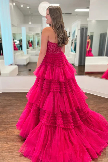 A-Linie, trägerlos, Applikationen, Tüll, mehrlagig, langes Ballkleid