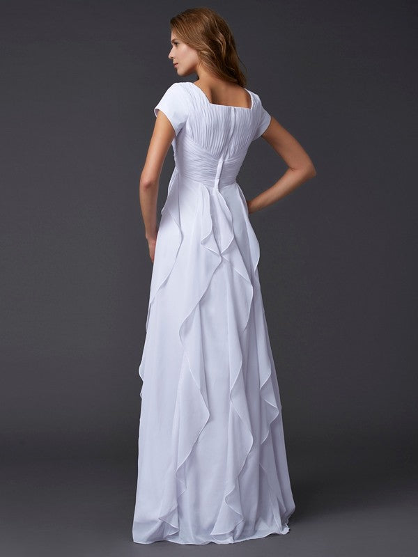 Sheath Chiffon Square Short Sleeves Floor-Length With Ruffles Dresses