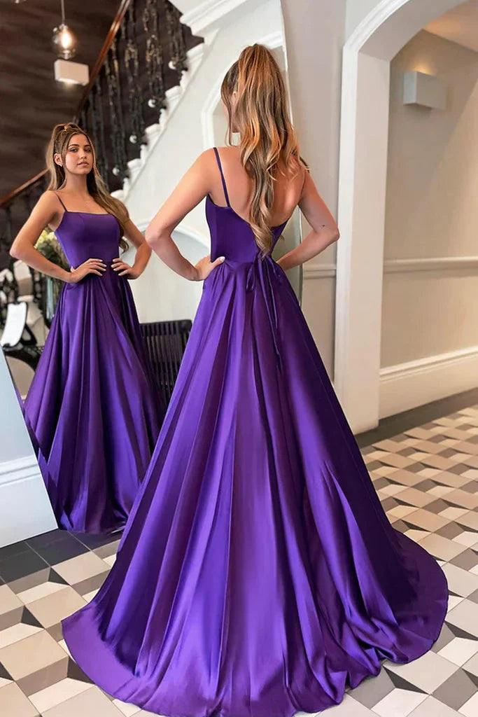 A-Linie U-Ausschnitt Satin Langes Ballkleid Träger Formelles Kleid