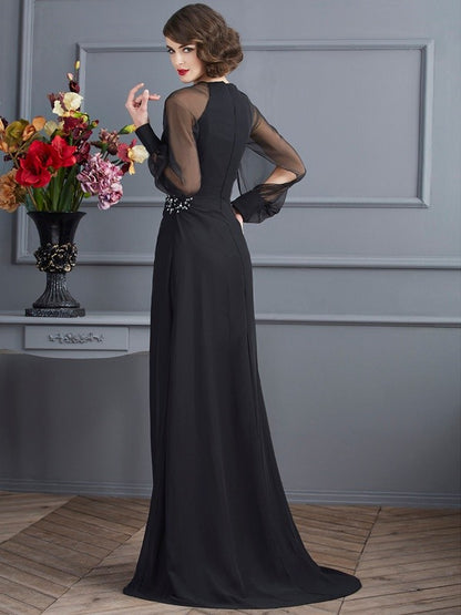 Vestidos para madre de la novia de gasa con escote redondo, mangas largas, cola larga y apliques de cuentas