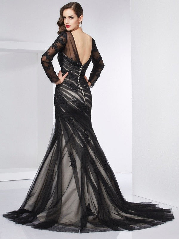 Vestidos de sirena con tul, joya, mangas largas, cola larga y apliques