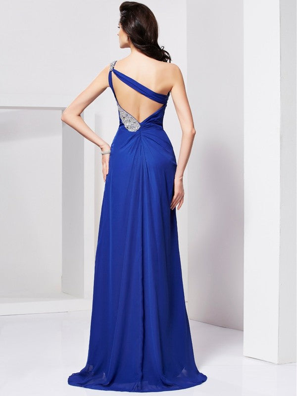 A-Line Chiffon One-Shoulder Sleeveless Sweep/Brush Train With Beading Dresses