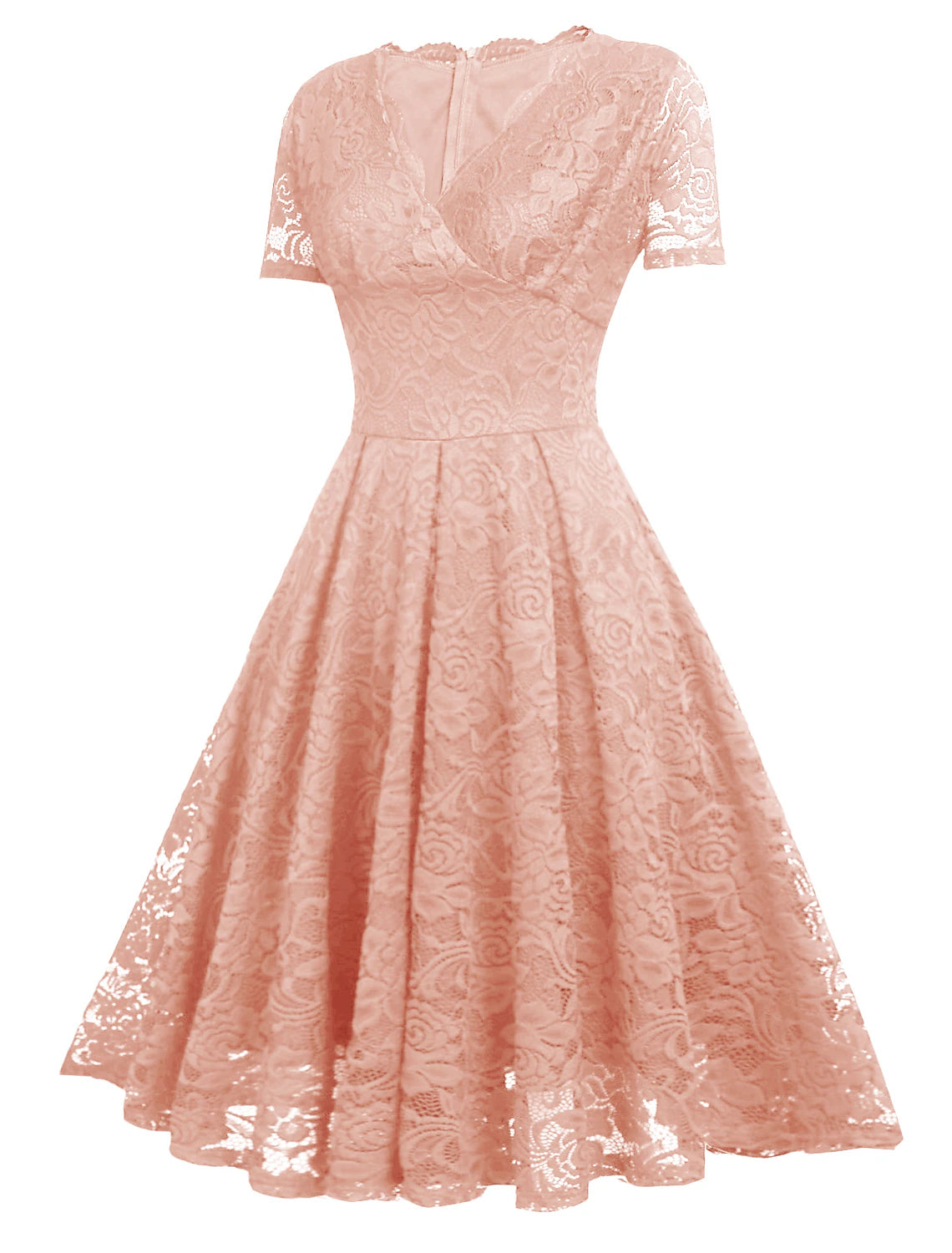 Vestidos de cóctel de corte A, minimalistas, para fiestas, hasta la rodilla, manga corta, escote en V, licra, con aplicación de encaje.