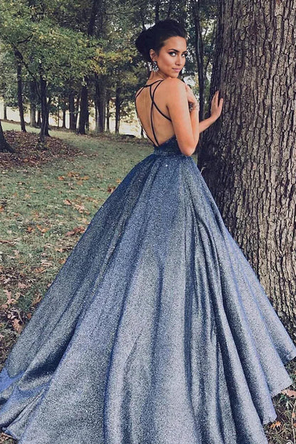 Sparkly V-neck Ball Gown Prom Dresses