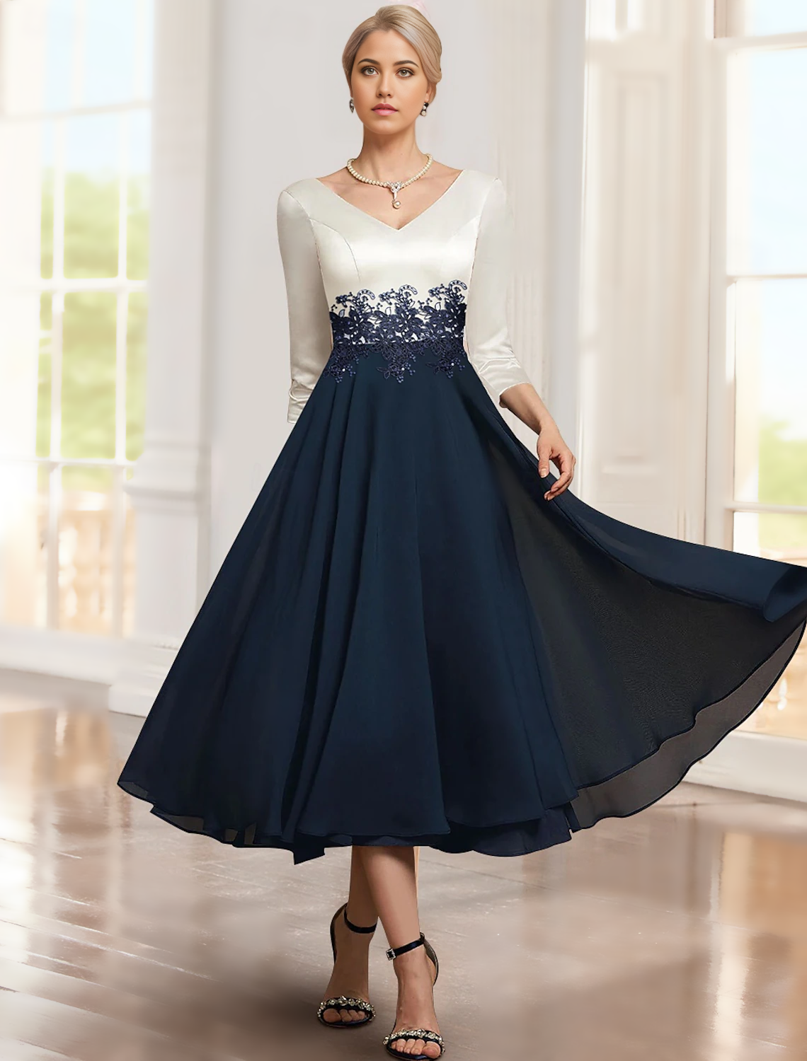 Dress Mother of the Bride Dress Elegant V Neck Tea Length Chiffon Satin Cap Sleeve Jacket Dresses with Lace Color Block