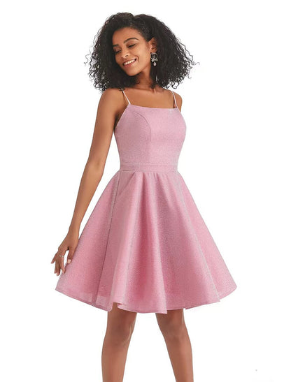 A-Line Homecoming Dresses Backless Dress Graduation Short / Mini Sleeveless Spaghetti Strap Lurex Fabric with Sequin Strappy