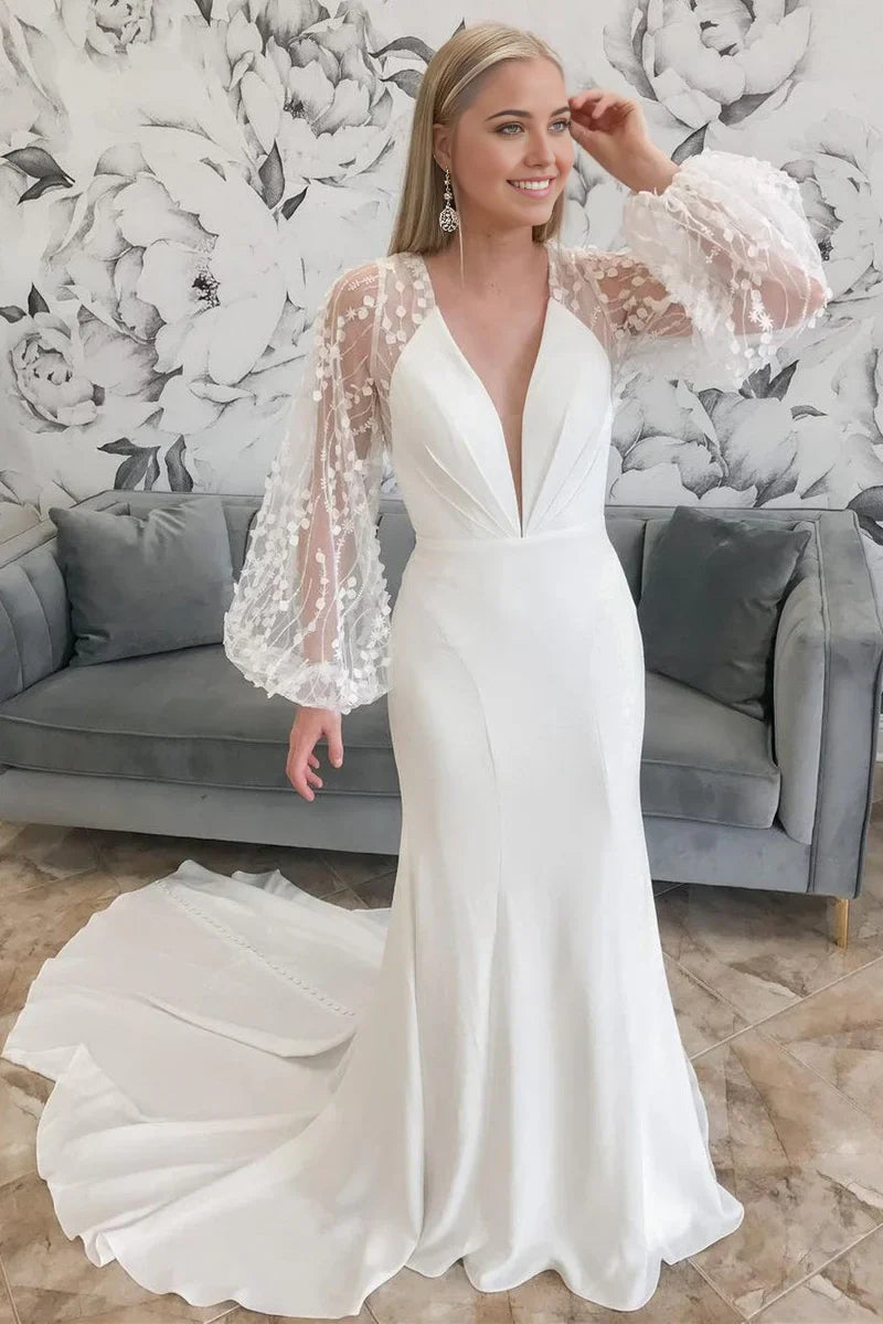 Mermaid Plunge V Long Wedding Dress with Balloon Sleeves