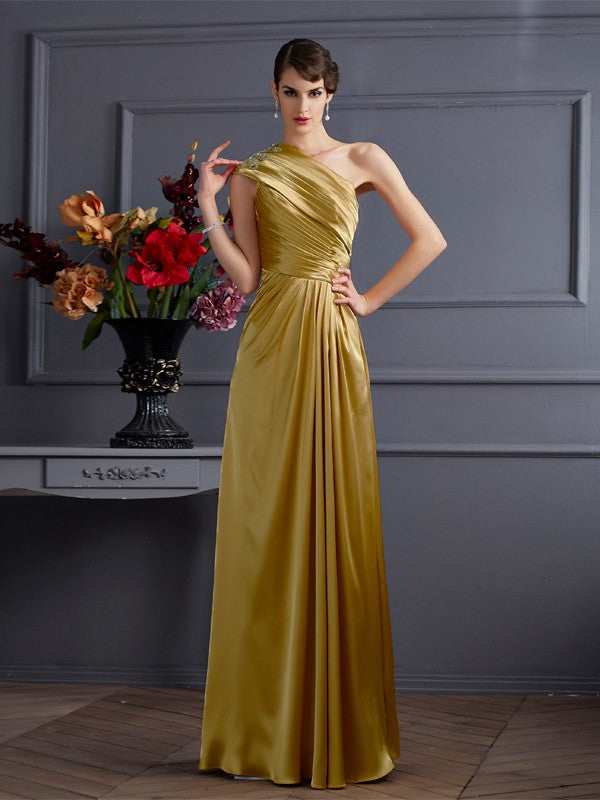 A-Line Woven Satin One-Shoulder Sleeveless Floor-Length With Beading Dresses