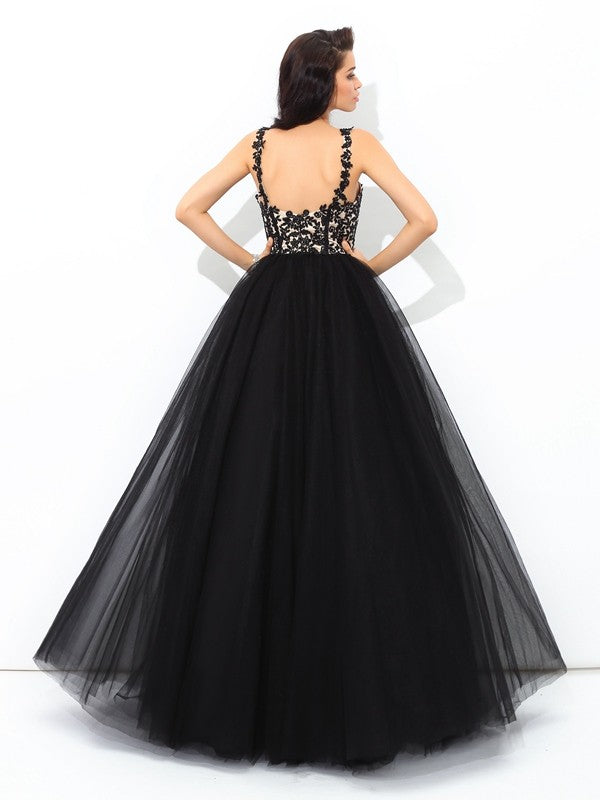 Ball Gown Net Straps Sleeveless Floor-Length With Applique Quinceanera Dresses