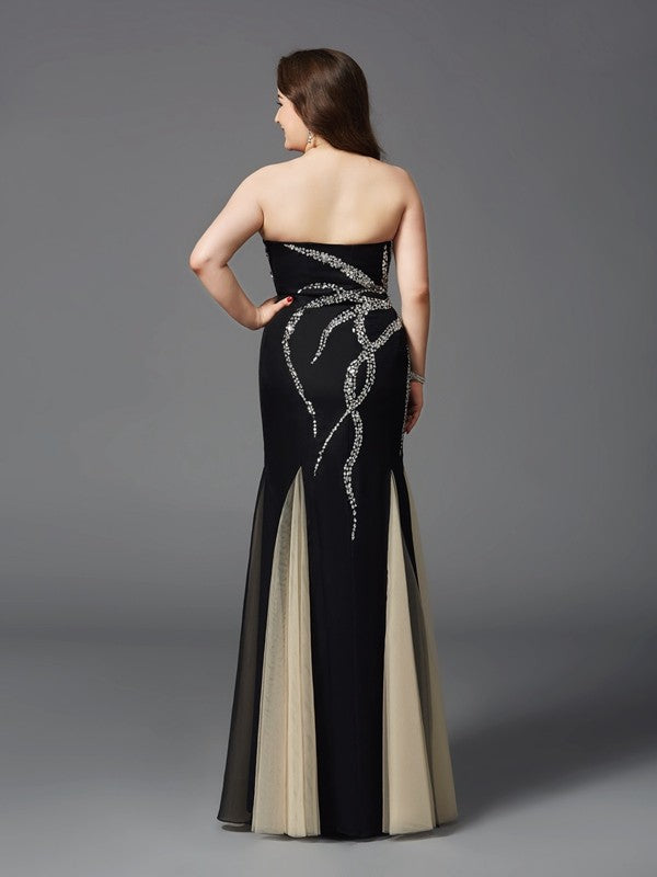 Sheath Chiffon Sweetheart Sleeveless Floor-Length With Beading Plus Size Dresses