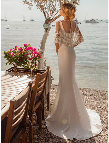 Vestidos de novia casuales de playa con espalda abierta, corte sirena/trompeta, escote cuadrado, sin mangas, cola larga/cepillo, vestidos de novia de satén con botones y abalorios