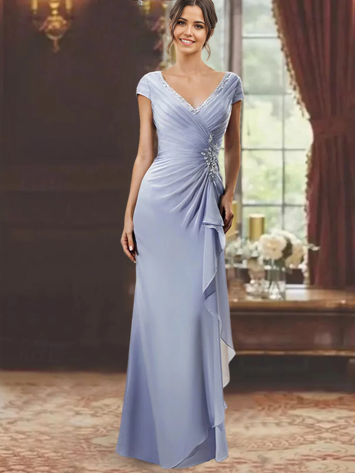 Sheath/Column V-Neck Short Sleeves Appliques Floor-Length Mother of the Bride Dresses With Ruffles