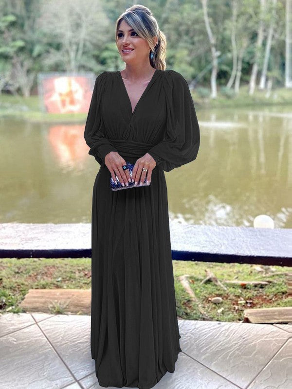 A-Line/Princess Chiffon Ruffles V-neck Long Sleeves Floor-Length Mother of the Bride Dresses