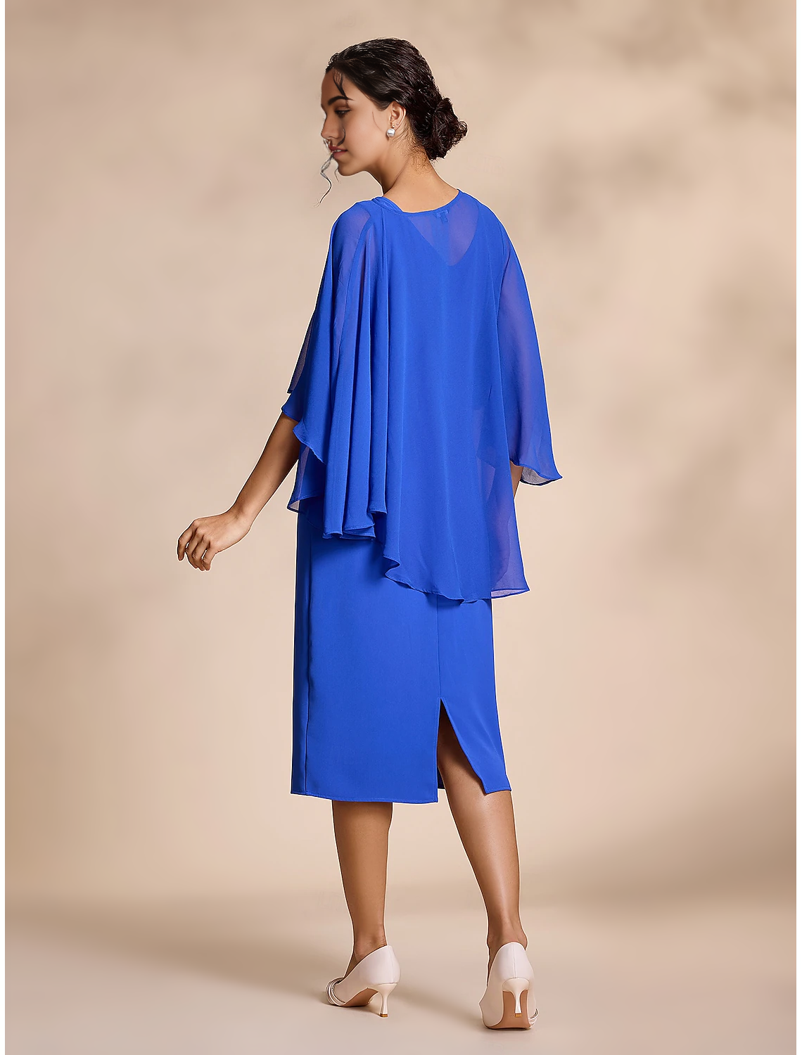 Two Piece Blue Chiffon Causal Round Sleeve Midi Mother of the Bride Dress dress to impress