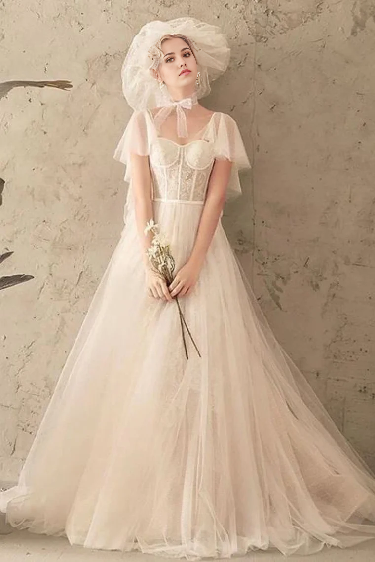 Unique A-line Tulle Lace Ivory Short Sleeves Lace Up Back Bridal Long Wedding Dress