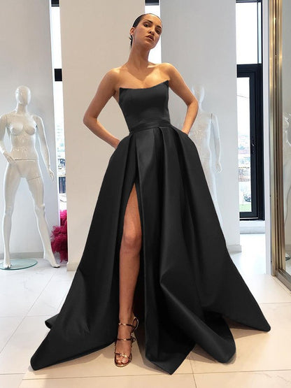 Vestido de fiesta sin mangas, sin tirantes, con cola larga y volantes de satén
