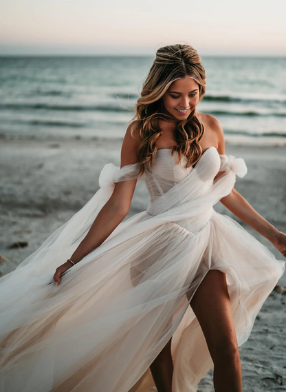 A-Line Off-The-Shoulder Beach Pleated Tulle Wedding Dresses With Slit