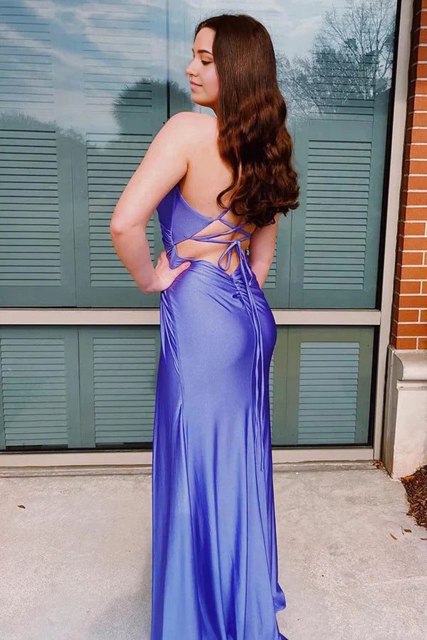 Sheath Spaghetti Straps Corset Back Prom Dress With Split