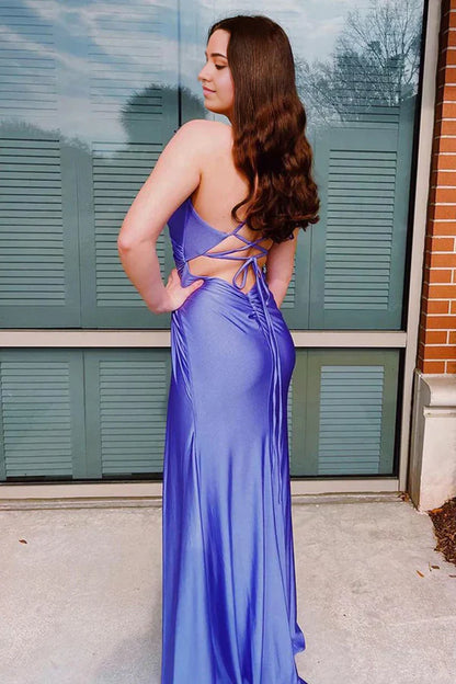 Sheath Spaghetti Straps Corset Back Prom Dress With Split