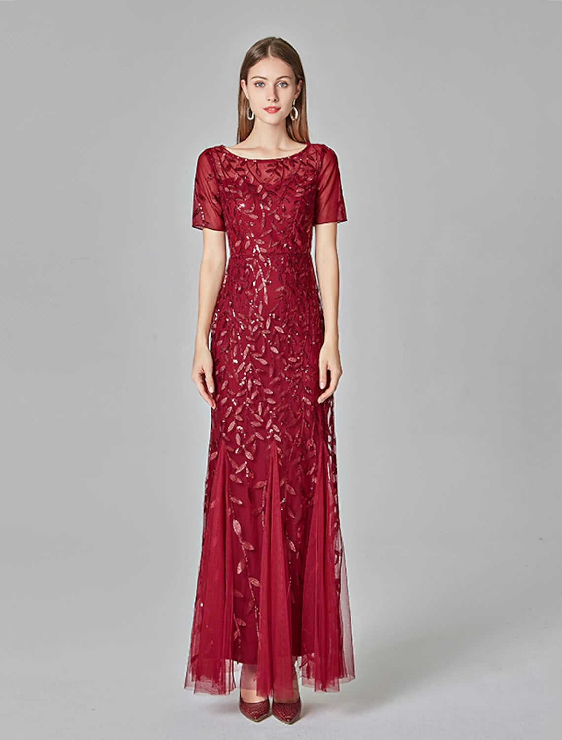 Vestido de noche estilo sirena/trompeta, estilo imperio, para graduación, largo hasta el suelo, manga corta, cuello joya, para invitada de boda de otoño, tul con bordado