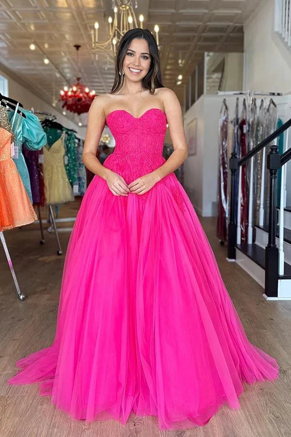 A-line Tiered Tulle Strapless Lace Bodice Long Prom Dresses