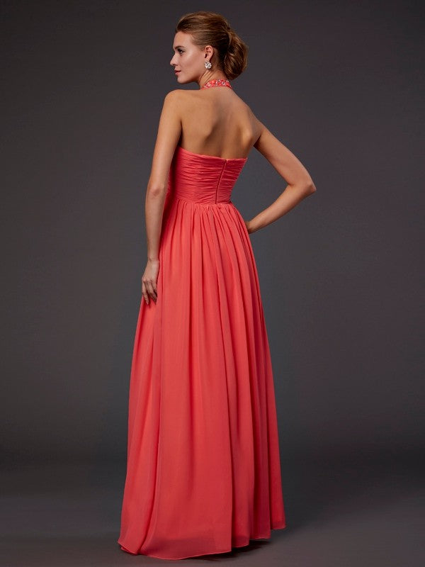 A-Line Chiffon Halter Sleeveless Floor-Length With Beading Dresses