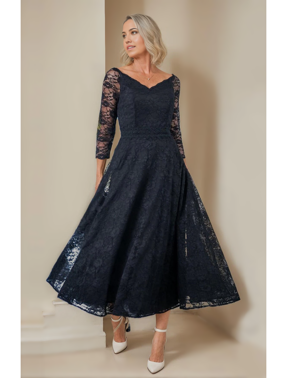 A-Line Mother of the Bride Dress Elegant V Neck Tea Length Lace 3/4 Length Sleeve with Lace free custom size