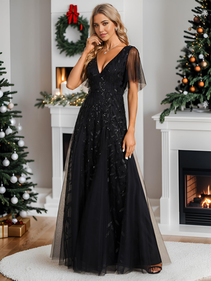 Vestido de noche formal de manga corta con escote en V brillante y lentejuelas de corte A para fiesta 