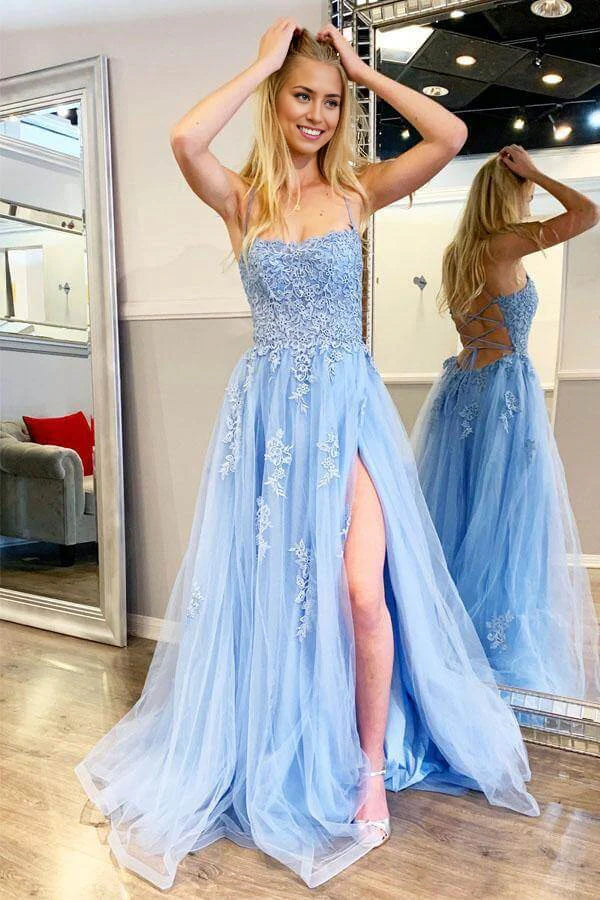 Spaghetti Straps Tulle Lace Appliques Long Prom Dresses With Slit