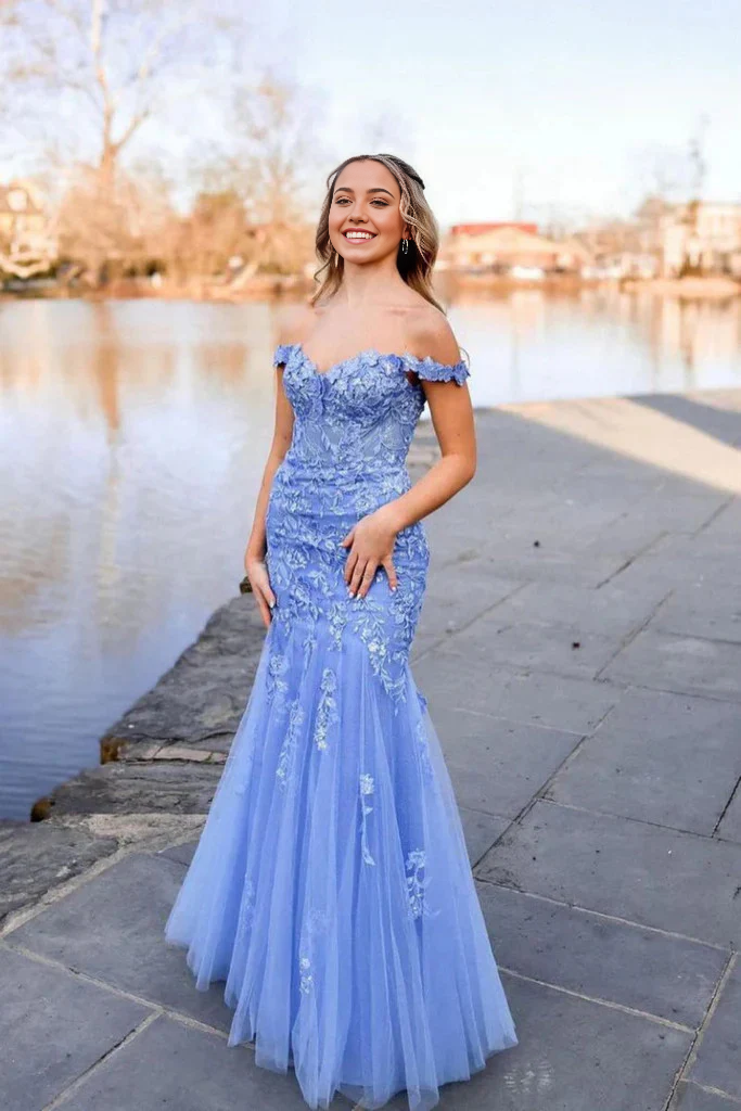 Vestidos de fiesta largos de encaje azul con hombros descubiertos y corte sirena, vestidos de noche formales 